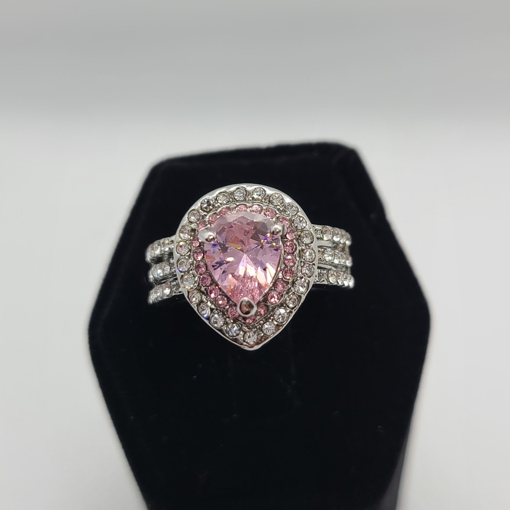 Pear Shaped pink double halo ring